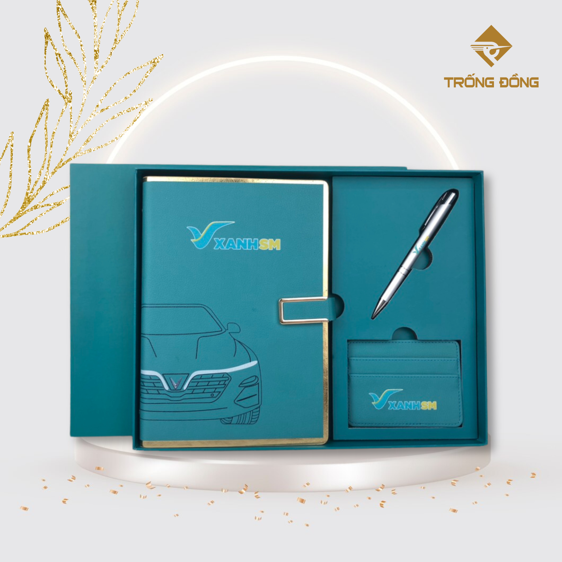 Bộ Quà Tặng Doanh Nghiệp Chuyên Nghiệp, Đẳng Cấp 1 bộ quà tặng doanh nghiệp sổ tay, bút ký, ví đựng thẻ in thương hiệu Xanh SM