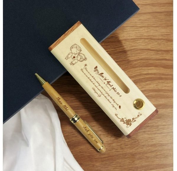 Bút Gỗ BG011 Dạng Xoay - Khoen Bạc - Cài Vàng 15 bo-giftset-but-go-bg011-1