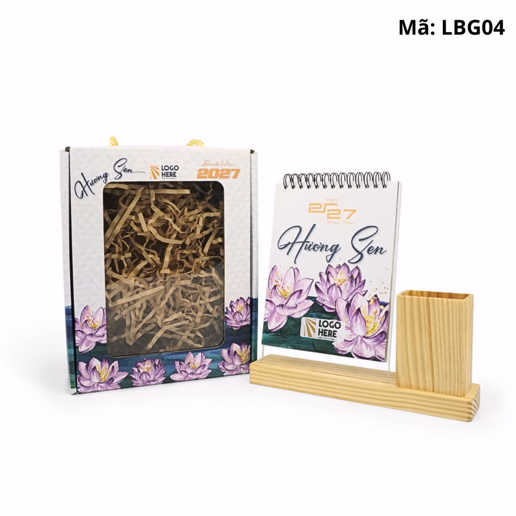 Lịch Gỗ Để Bàn Hương Sen LBG04 - Có Ống Bút, Khắc Logo 13 Lịch Gỗ Để Bàn LBG04 (1)